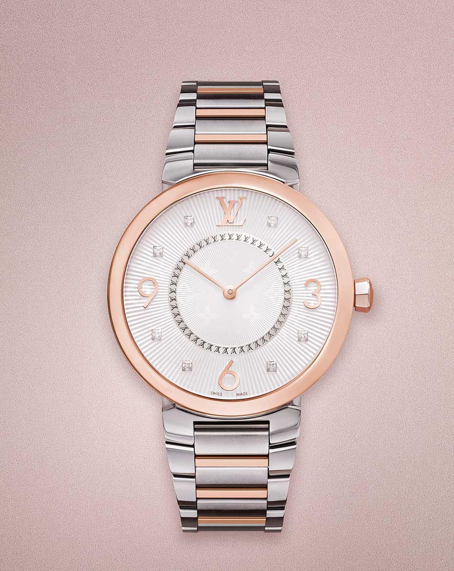 One of Louis Vuitton's watches on display at Baselworld 2014 was the Louis Vuitton Tambour Monogram watch featuring pink gold and diamonds with a stainless steel case.