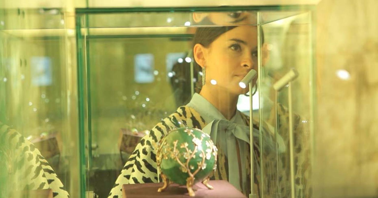 Professor Dr. Rainer Vollkommer, Miroslava Duma, Fabergé's Creative and Managing Director, Katharina Flohrstands and Simon Costin, the designer of the 23 Harrods windows stand outside one of the windows which Fabergé has taken over for its Easter event.