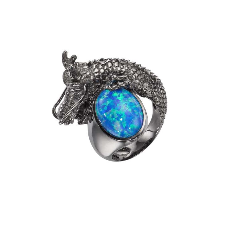 Crow’s Nest Maleficent Collection Dragon ring featuring a central opal surrounded by rhodium with black diamonds