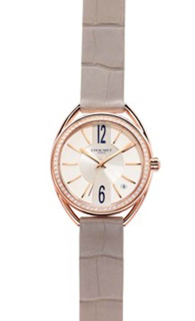The Chaumet Liens automatic watch in pink gold set with 64 brilliant cut diamonds, with a taupe alligator strap.
