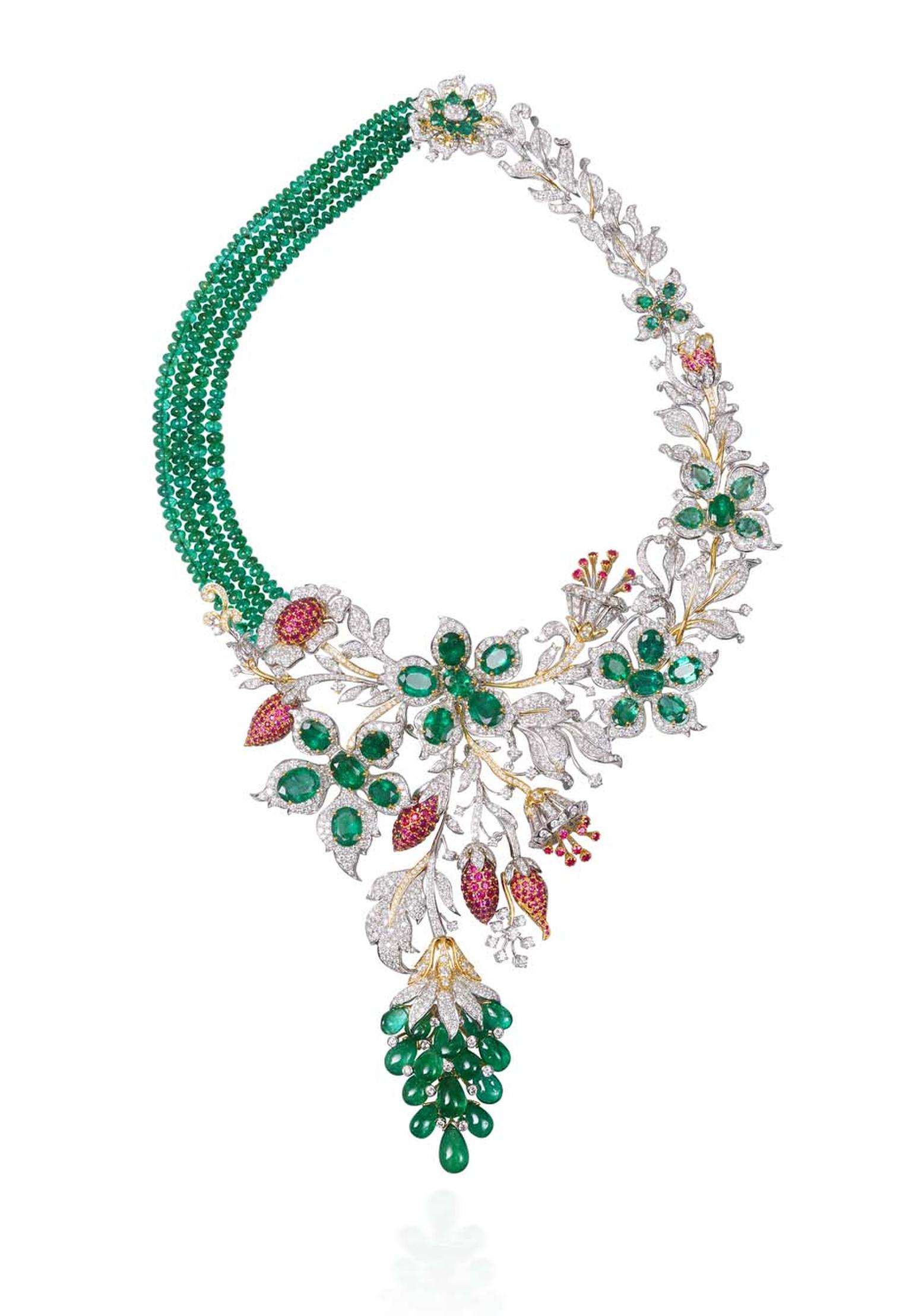 Lot 10, a necklace by Tibarumals Jewellers featuring four clustered rows of iridescent Gemfields emeralds nestled in a bed of diamonds (estimate: INR 4,600,000 - 5,550,000; $77,000 - 93,000)