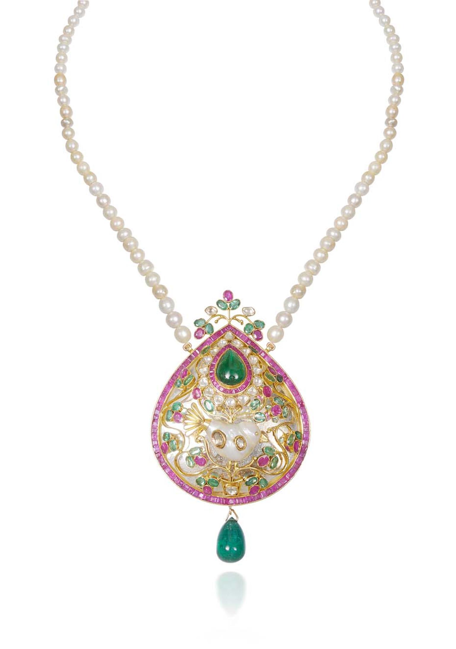 Lot 5, a traditional Kundan pendant harnessed by a string of pearls and set with diamonds and Gemfields emeralds and rubies, created by Lala Jugal Kishore Jewellers (estimate: INR 3,650,000 - 4,400,000; $61,000 - 73,500)