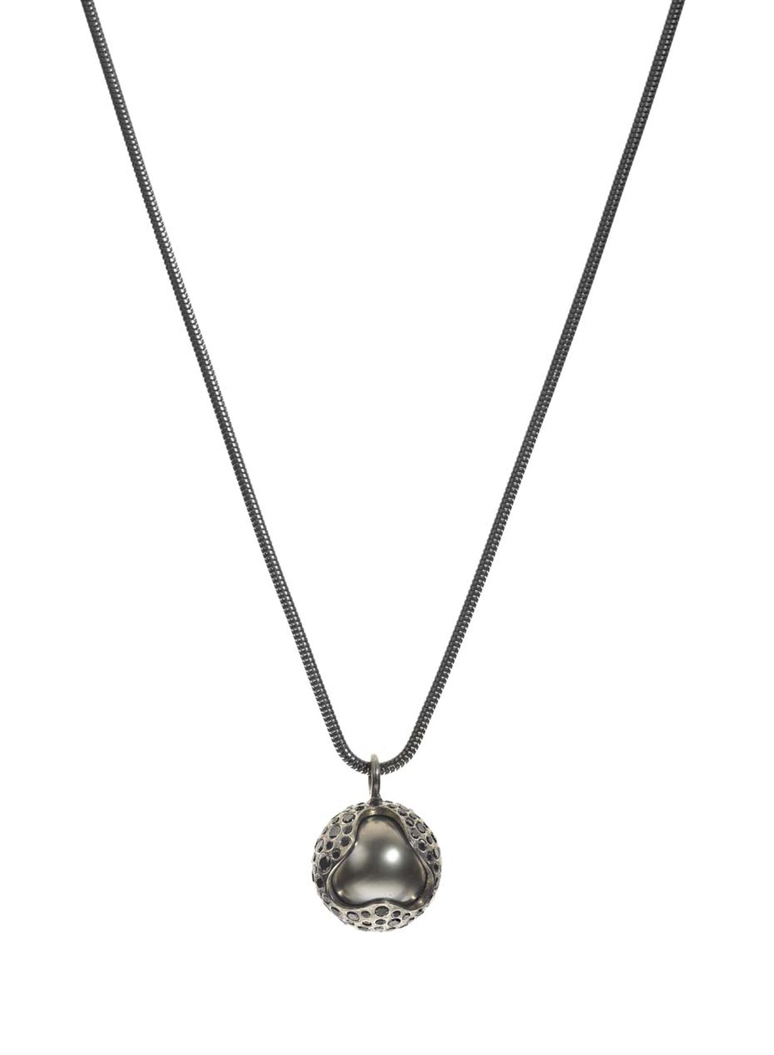 Todd Reed Tahitian pearl necklace in textured white gold, set with black diamonds