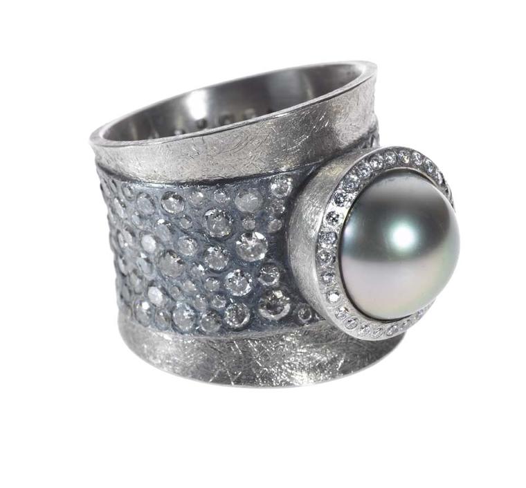 Todd Reed Tahitian pearl and diamond ring in textured white gold