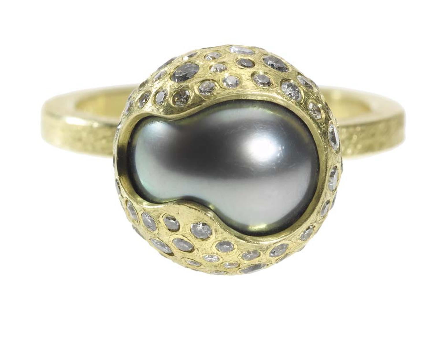 Todd Reed Tahitian pearl and diamond ring in textured gold