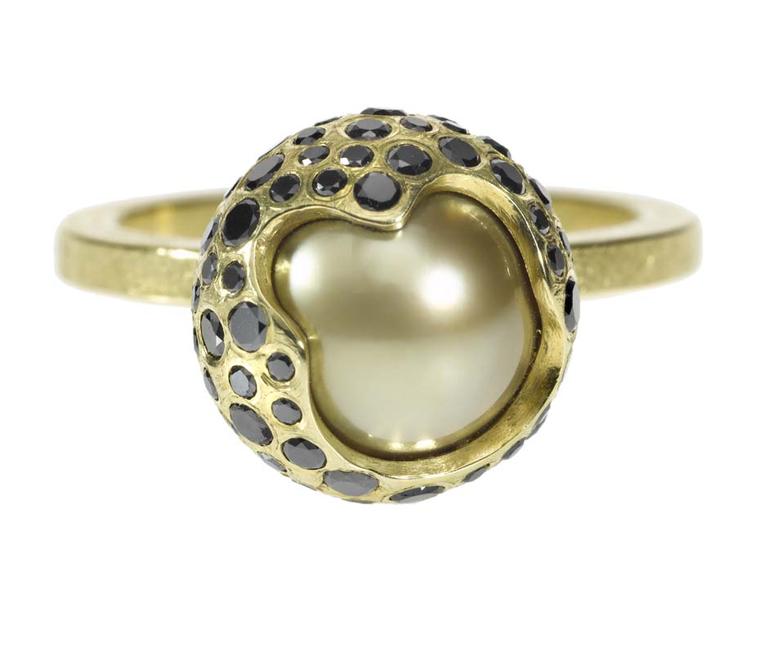 Todd Reed golden South Sea pearl ring in textured gold, set with black diamonds