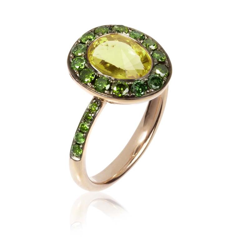 Annoushka Dusty Diamonds rose gold ring with green diamonds and an olive quartz.