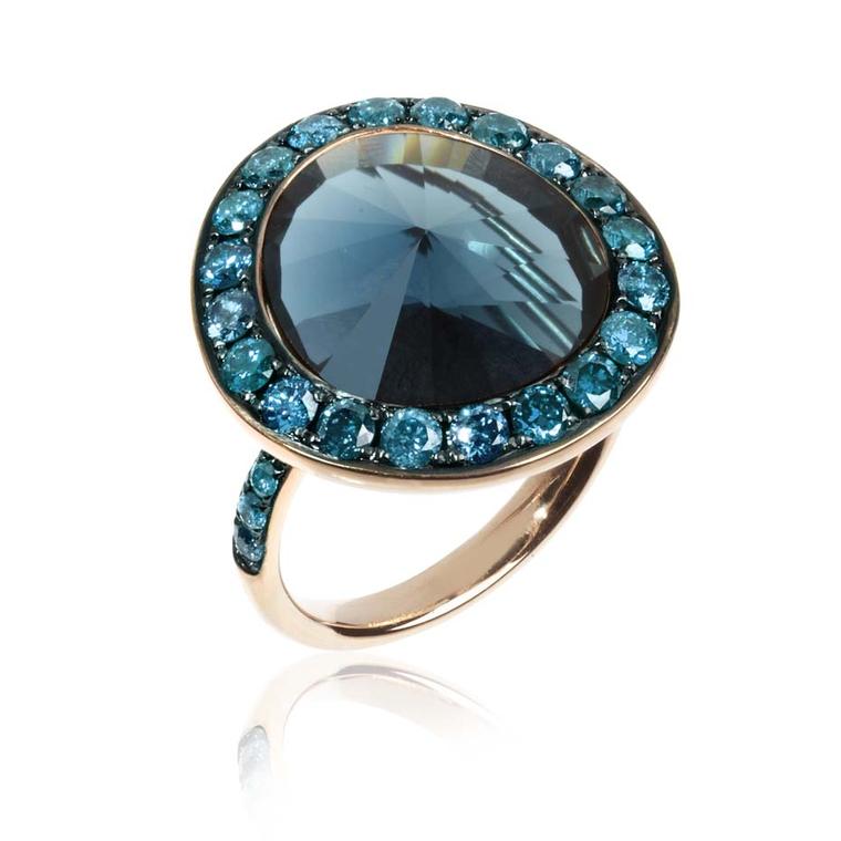 Annoushka Dusty Diamonds rose gold ring with blue diamonds and a London blue topaz.