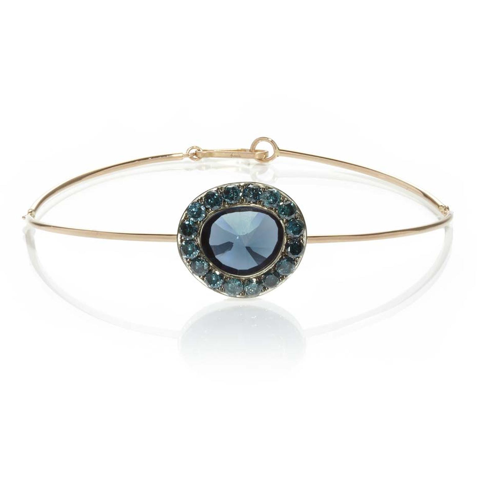 Annoushka Dusty Diamonds rose gold bangle with blue diamonds and a centre London blue topaz.