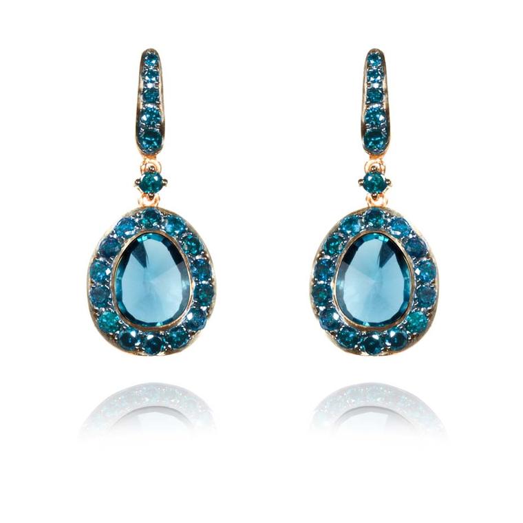 Dusty Diamonds rose gold earrings with blue diamonds and centre London blue topaz.