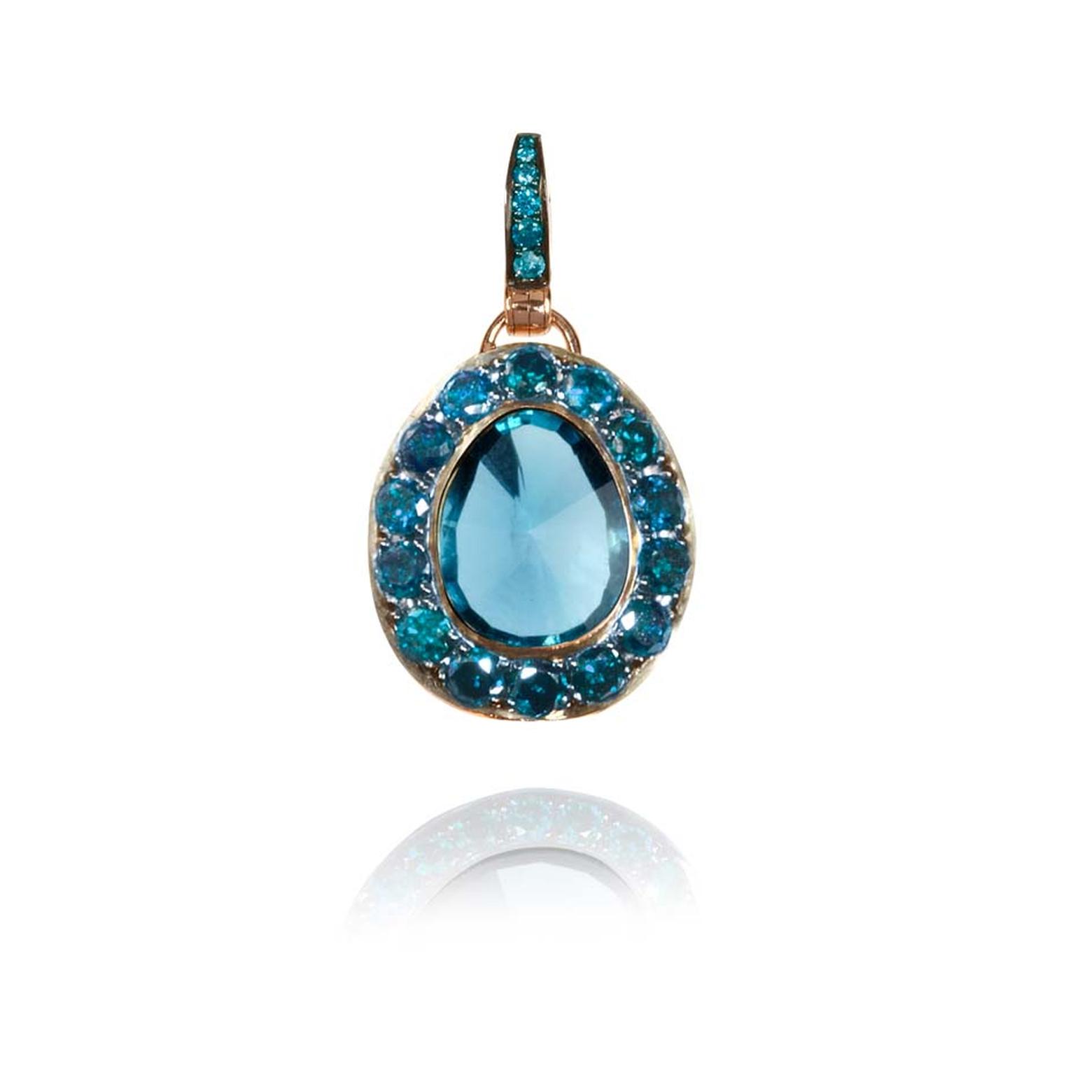 Dusty Diamonds rose gold pendant with blue diamonds and a centre London blue topaz.