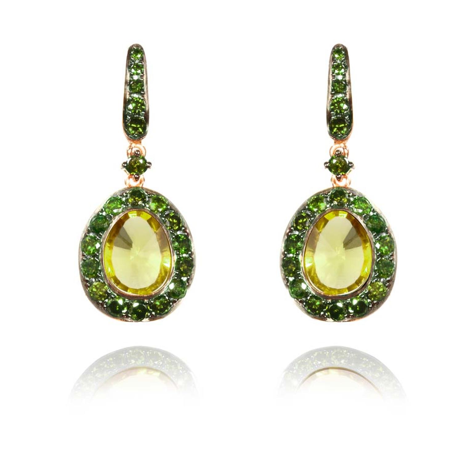 Annoushka Dusty Diamonds rose gold earrings with green diamonds and centre olive quartz.