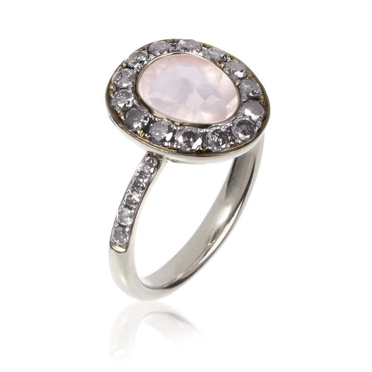 Annoushka Dusty Diamonds white gold ring with silver diamonds and a centre rose quartz.
