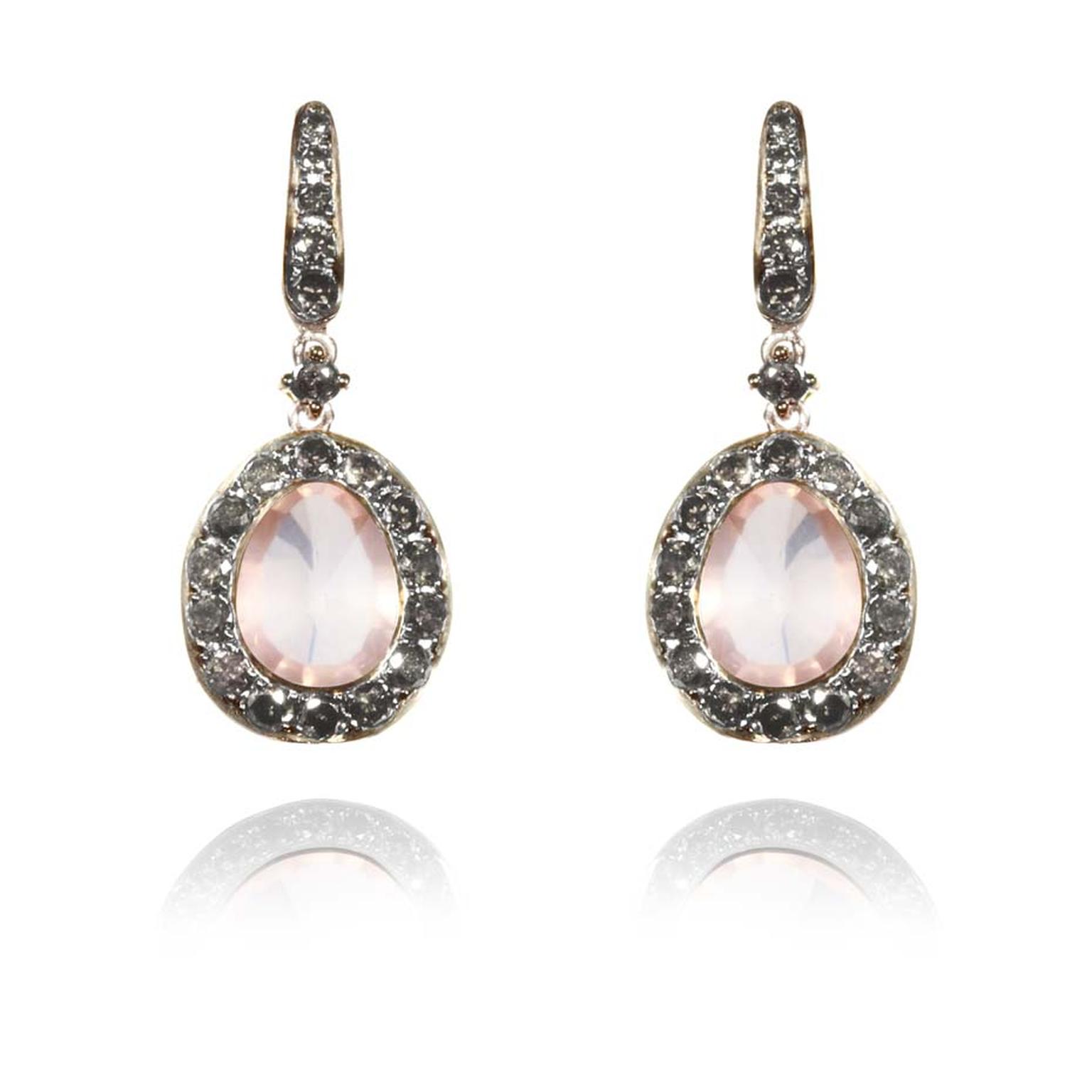 Annouska Dusty Diamonds white gold earrings with silver diamonds and centre rose quartz.