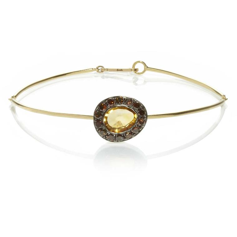 Annoushka Dusty Diamonds yellow gold bangle with cognac diamonds and a centre citrine.