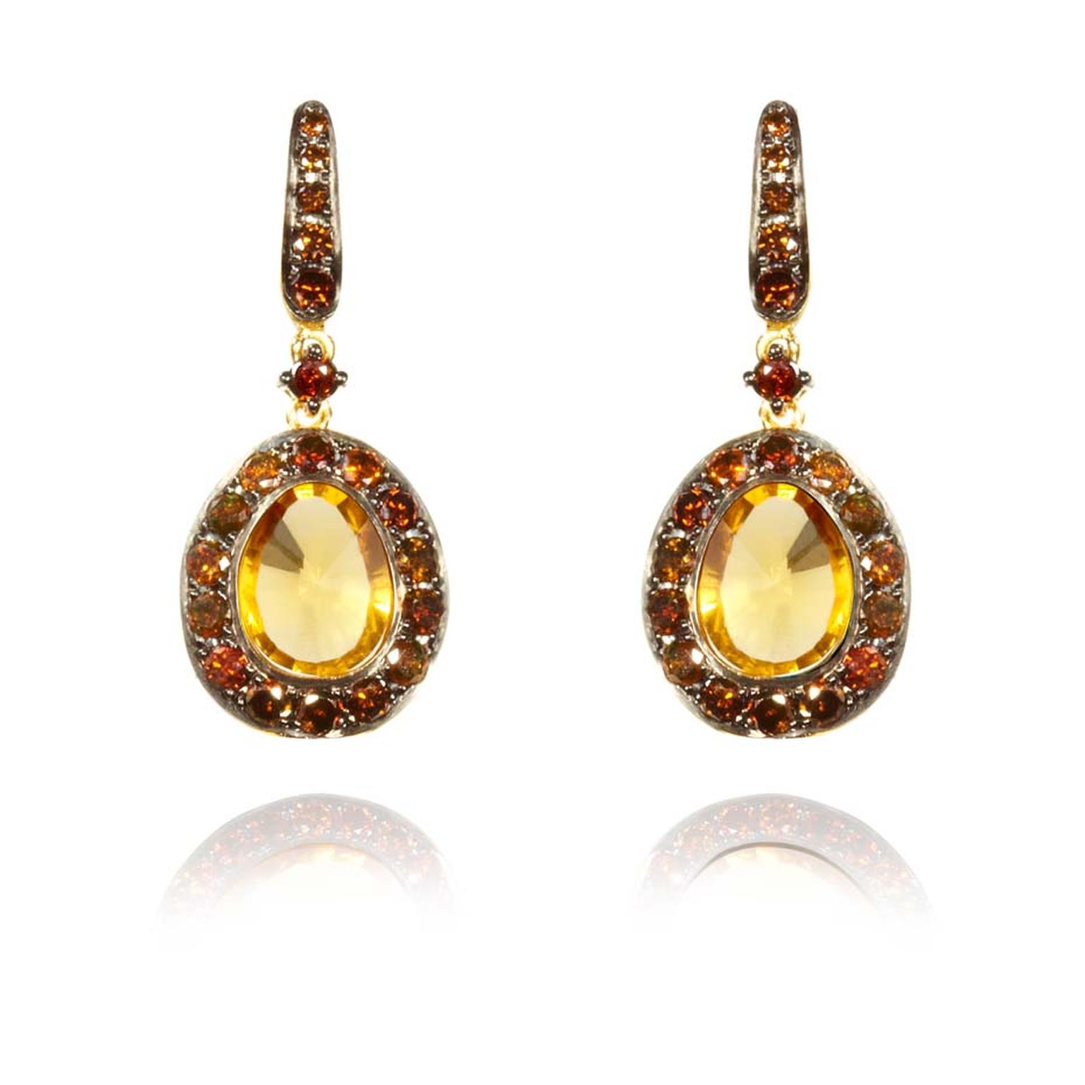 Annoushka Dusty Diamonds yellow gold earrings with cognac diamonds and centre citrines.