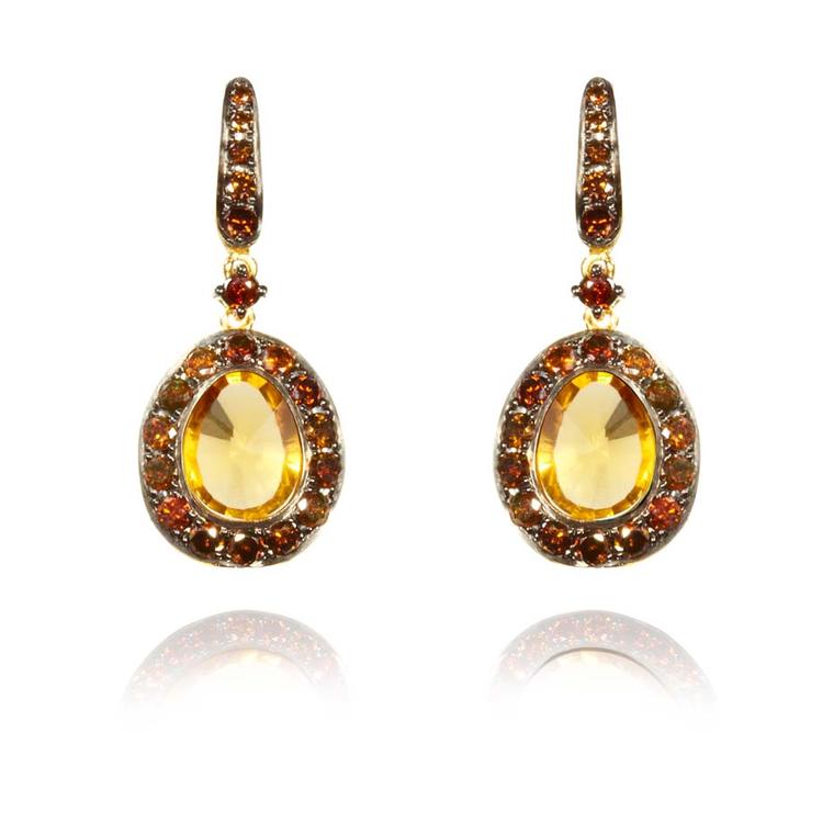 Annoushka Dusty Diamonds yellow gold earrings with cognac diamonds and centre citrines.