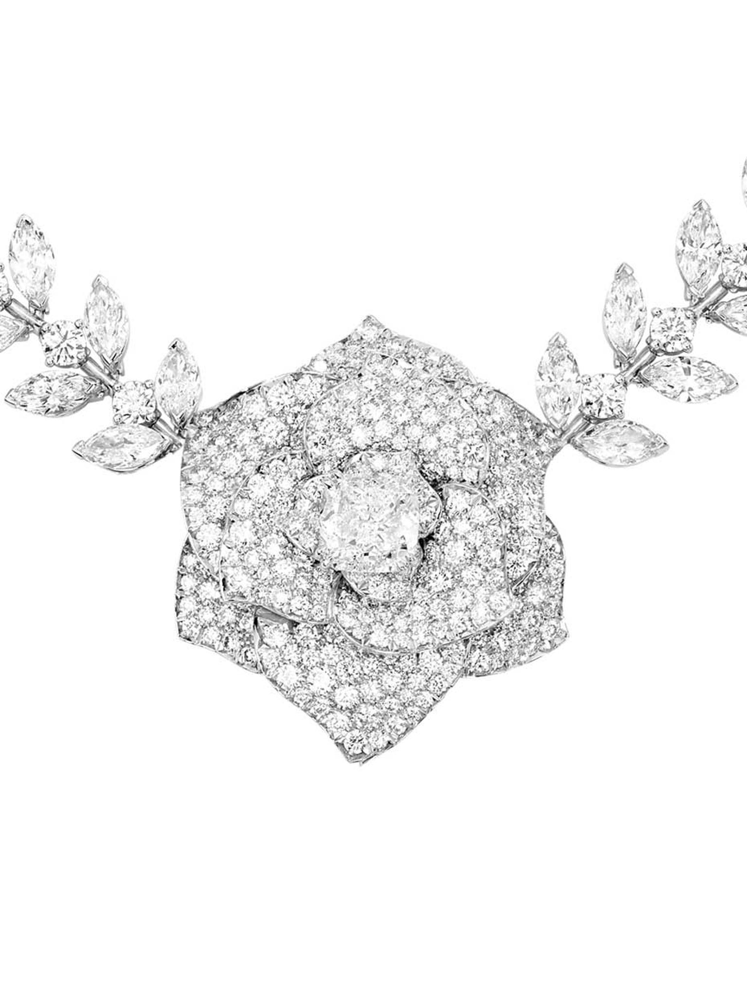 One of over 100 pieces from the collection crafted in Piaget's Geneva workshops includes the Piaget Rose Elegance high jewellery necklace in white gold with diamonds.