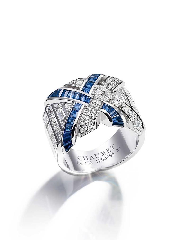 Chaumet white gold Liens ring with 45 brilliant-cut diamonds, 20 baguette-cut diamonds and 29 baguette-cut sapphires