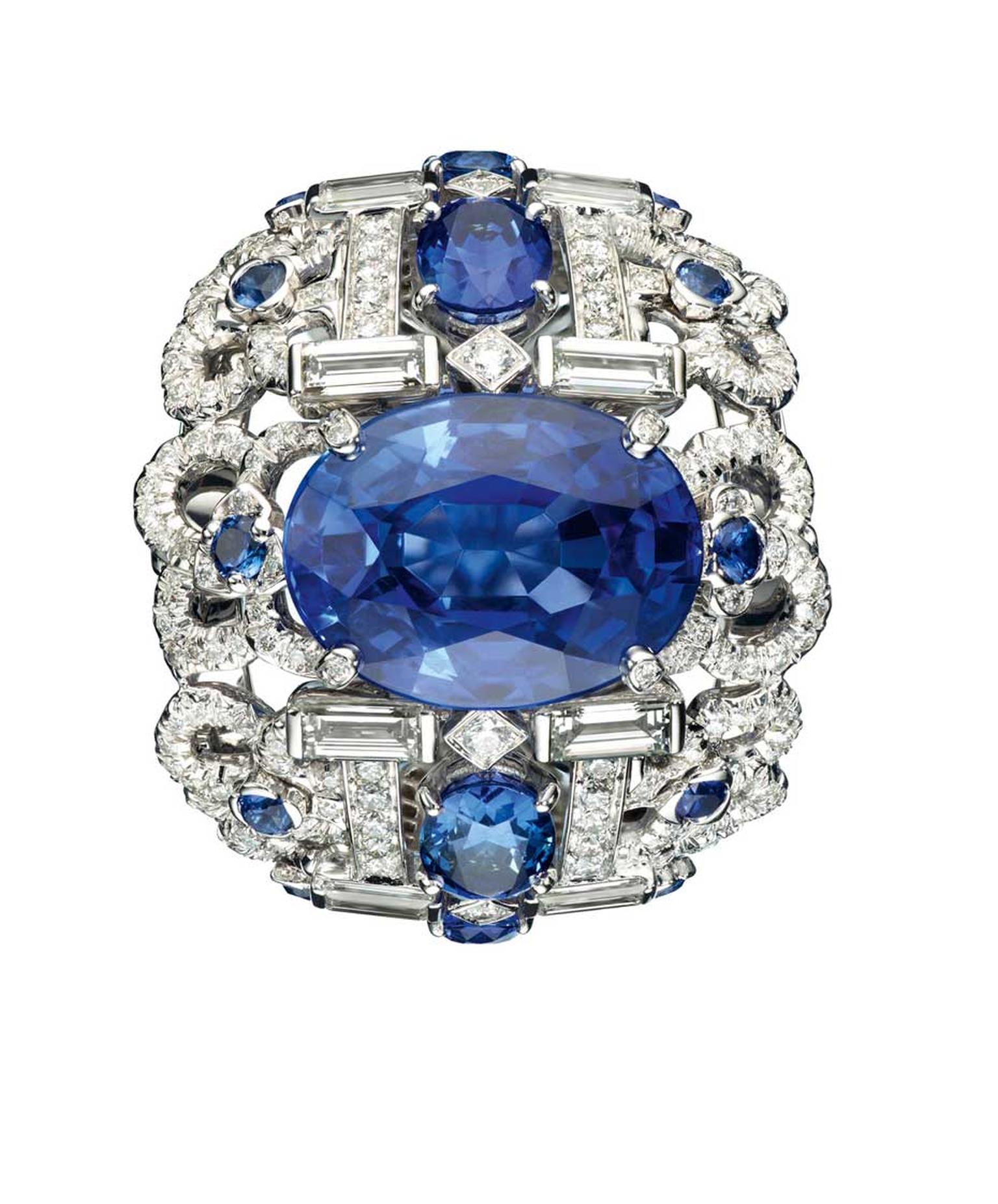 Chaumet white gold Hortensia ring with diamonds, sapphires and set with a centre oval-cut sapphire (9.85ct).