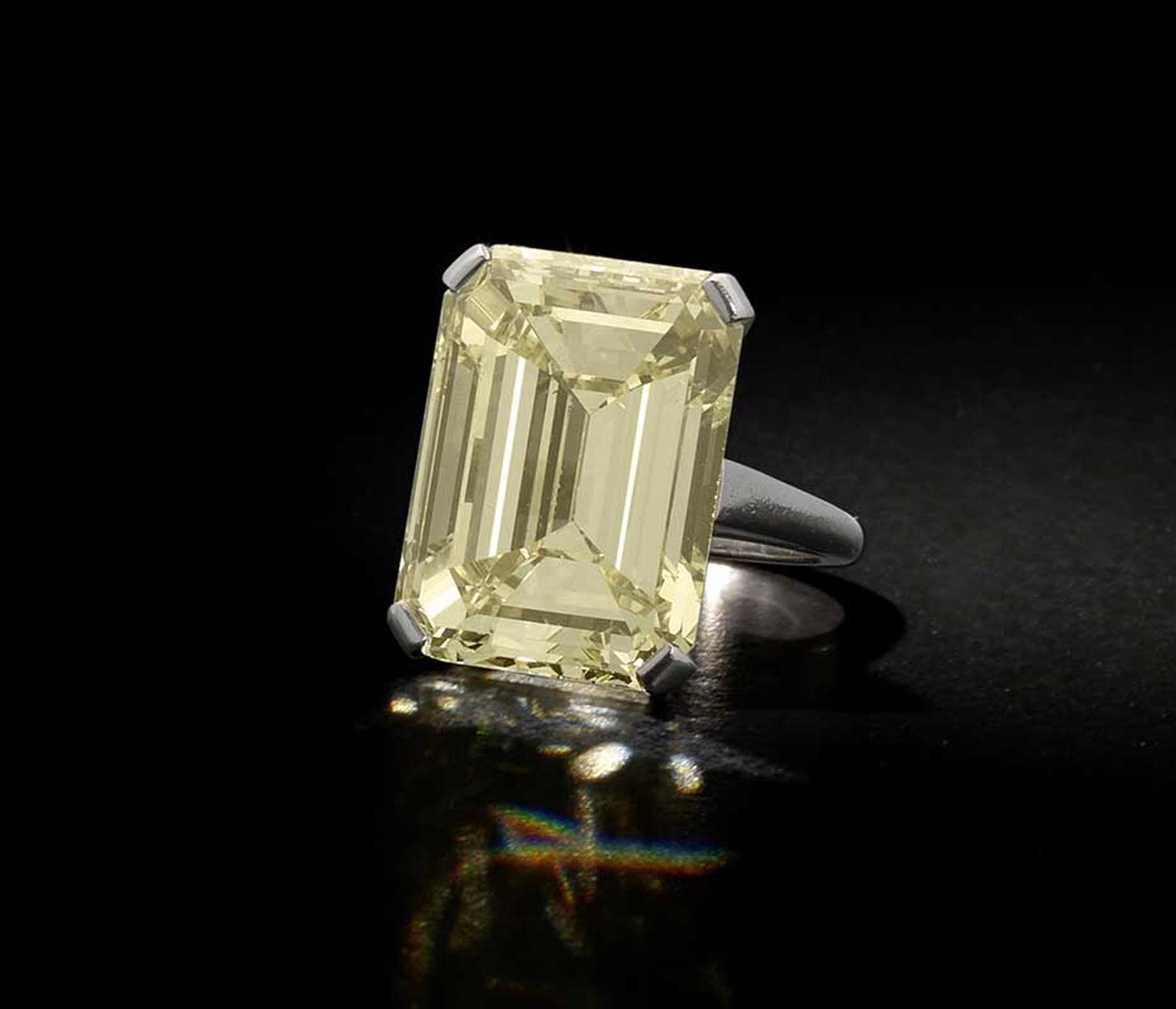 Lot 187, a yellow diamond ring, set with a step-cut Fancy Yellow diamond weighing 24.59ct (estimate: £150,000-£250,000)