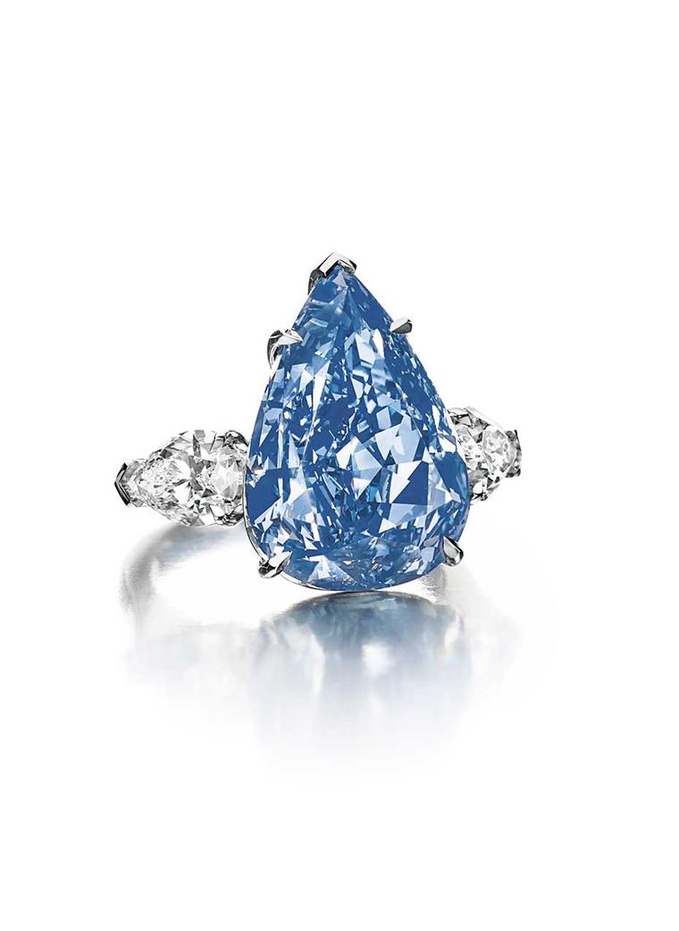 To be sold at the Magnificent Jewels auction to be held in Geneva on 14 May 2014, the Christie's Lot 260 'The Blue' diamond (13.22ct) features two pear-shaped diamond on either side. Images By: Christie's Images Ltd. 2014