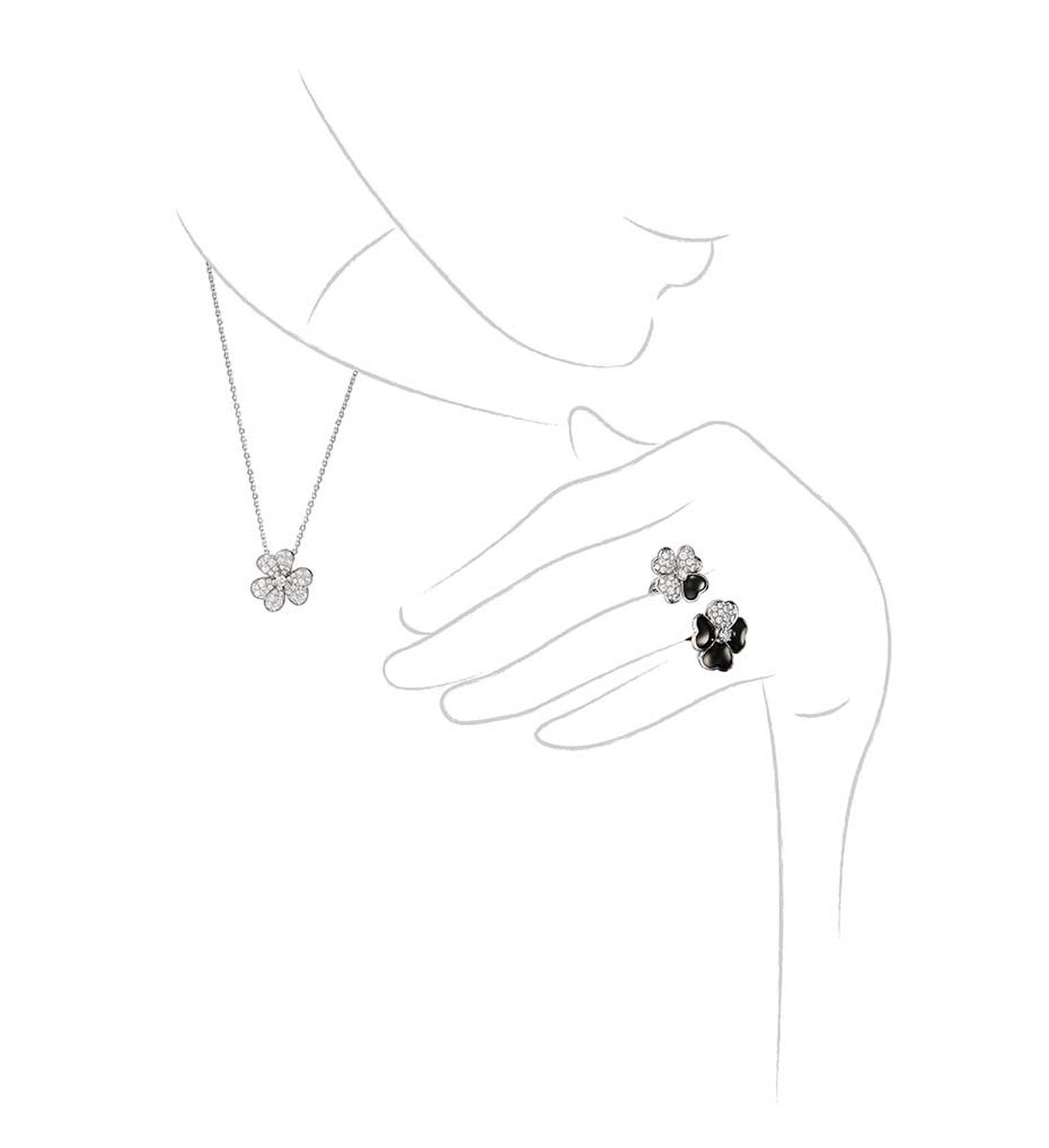 Van Cleef & Arpels Cosmos Between the Finger onyx and diamond ring and Cosmos diamond necklace
