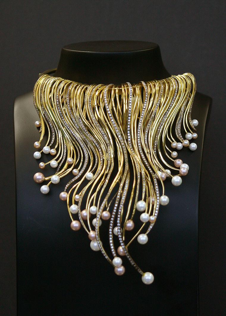 Myungji Ye Line Series gold necklace with diamonds and pearls