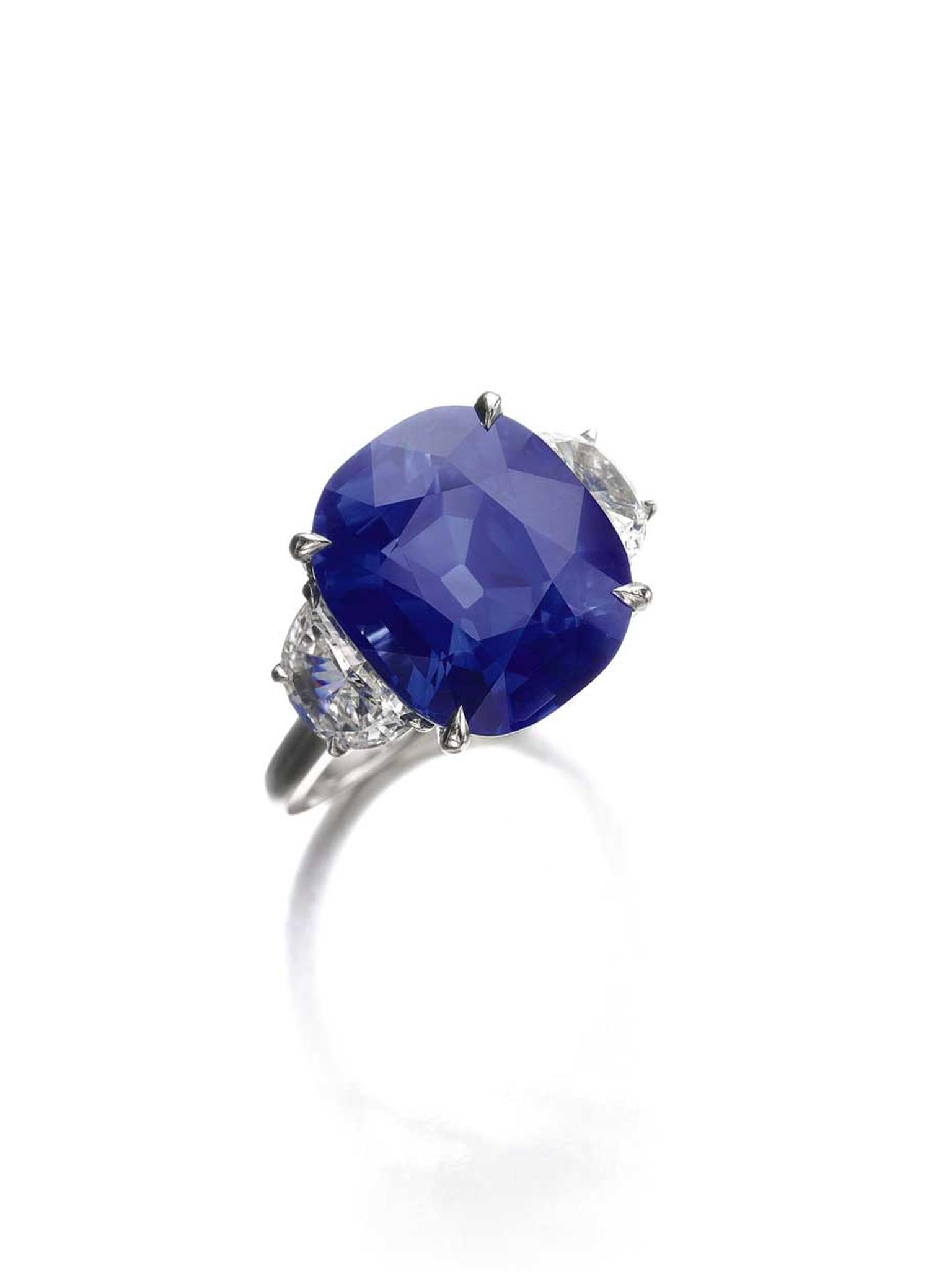 10.96ct cushion-shaped Kashmir sapphire ring between two demi-lune diamond shoulders. Sold for CHF 1,600,000 (estimate: CHF 1,100,000 - 1,400,000)