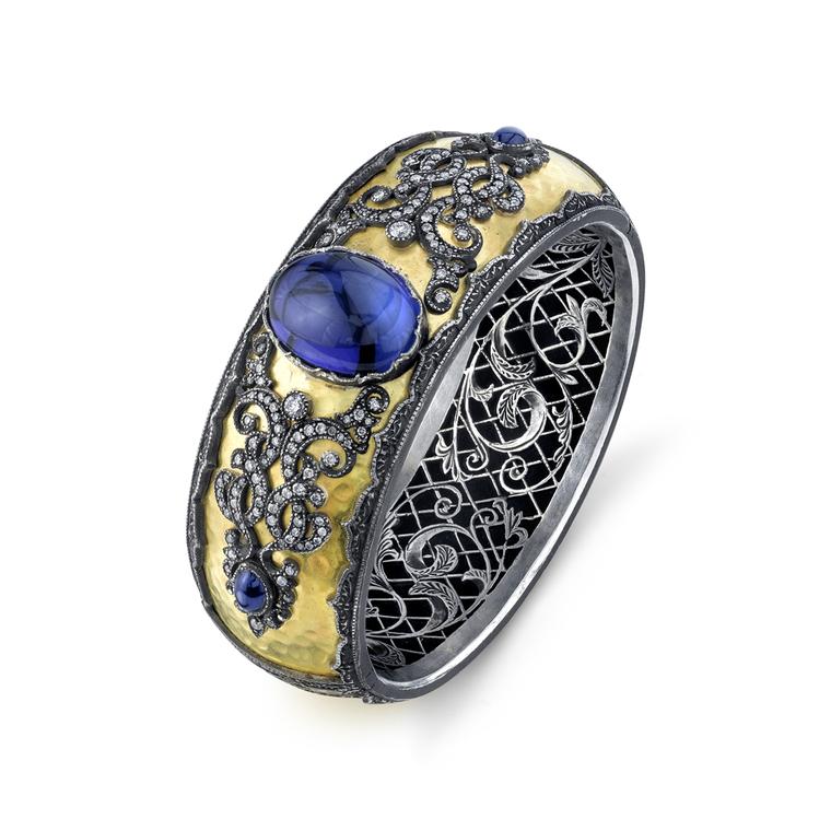 Arman Sarkisyan gold cuff with tanzanite, diamonds and oxidised silver