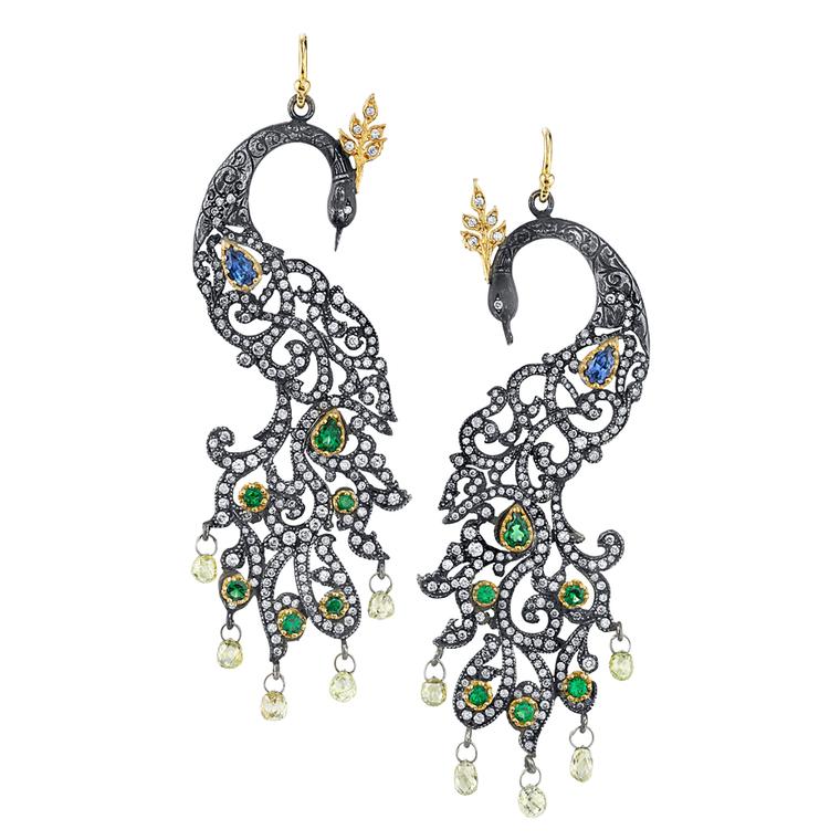 Arman Sarkisyan Peacock earrings with tanzanite, tsavorite, diamonds and oxidised silver