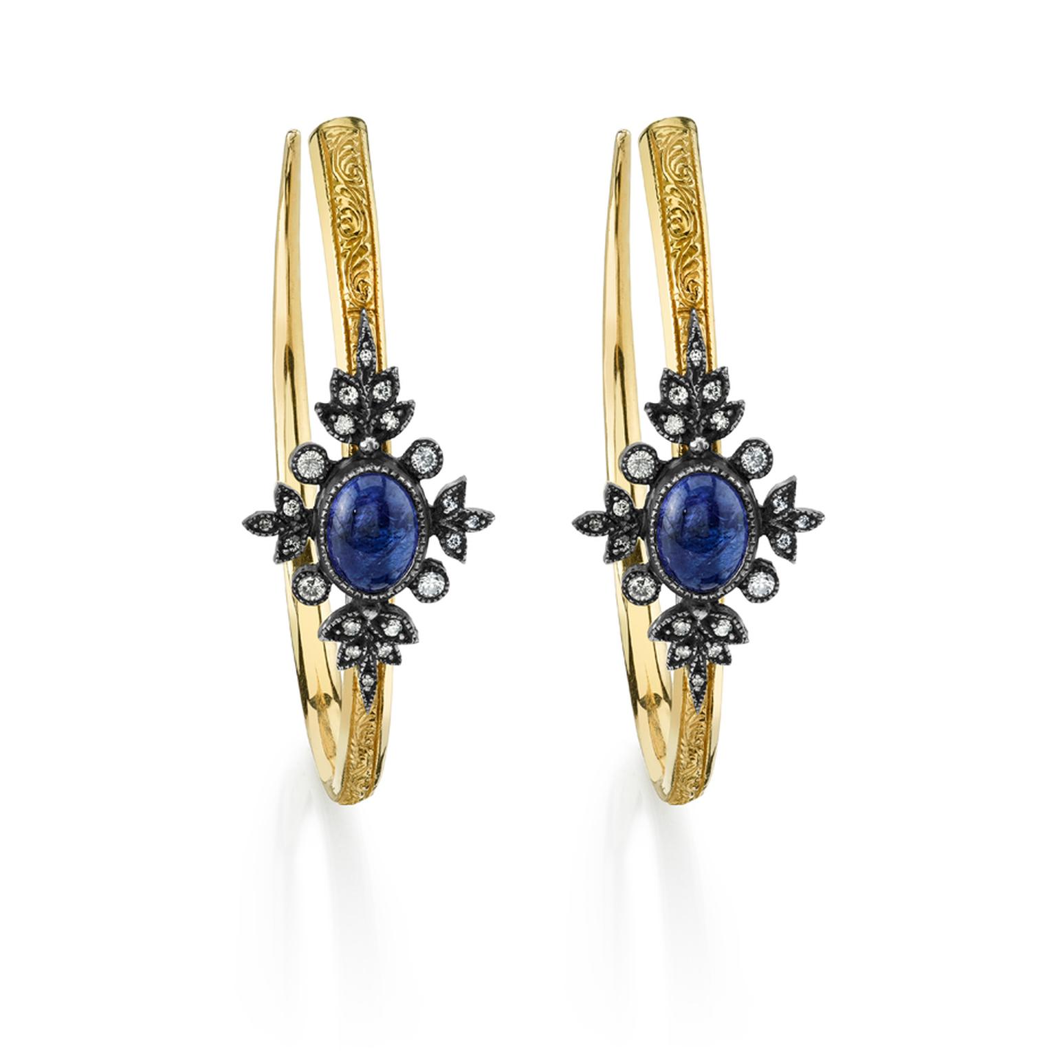 Arman Sarkisyan gold hoop earrings with tanzanite, diamonds and oxidised silver