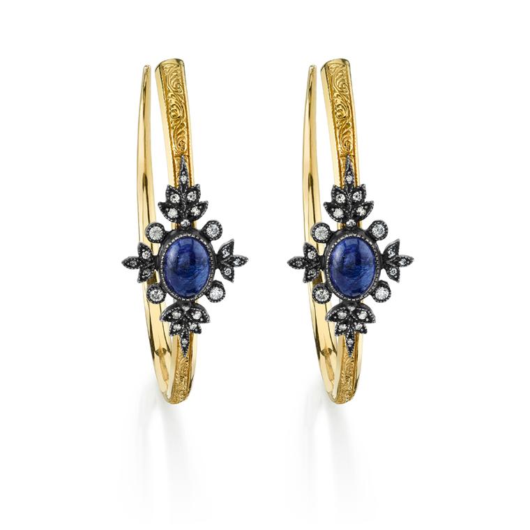 Arman Sarkisyan gold hoop earrings with tanzanite, diamonds and oxidised silver