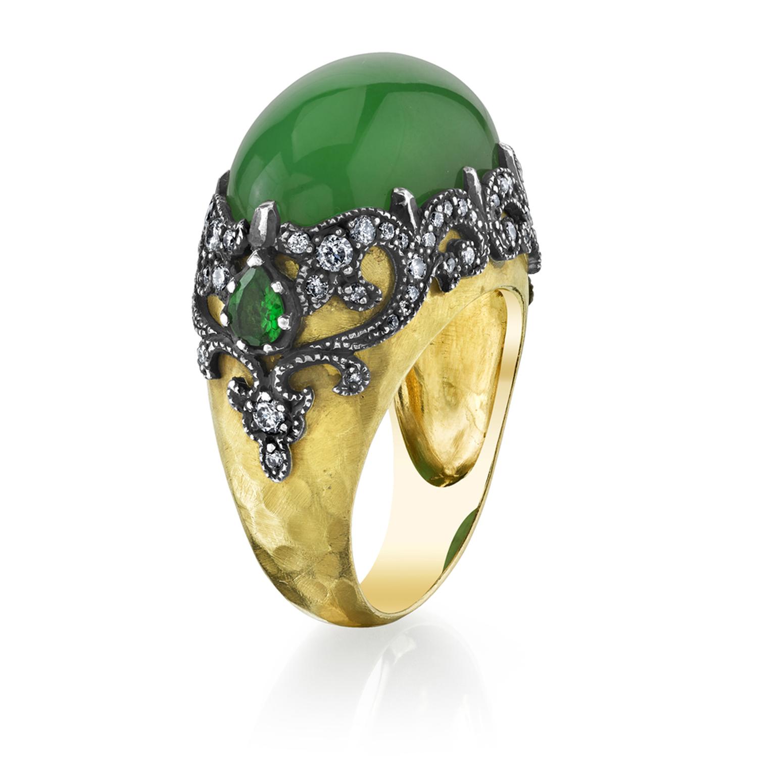 Arman Sarkisyan gold ring with tsavorites, chrysoprase and diamonds.