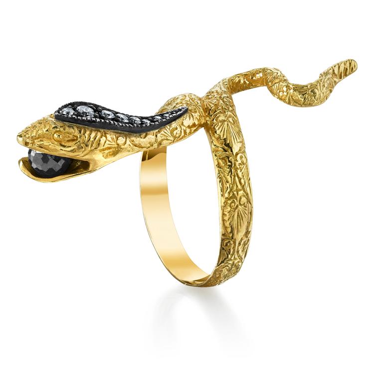 Arman Sarkisyan gold and oxidised silver Snake ring with white diamonds and black diamonds in the snake's mouth