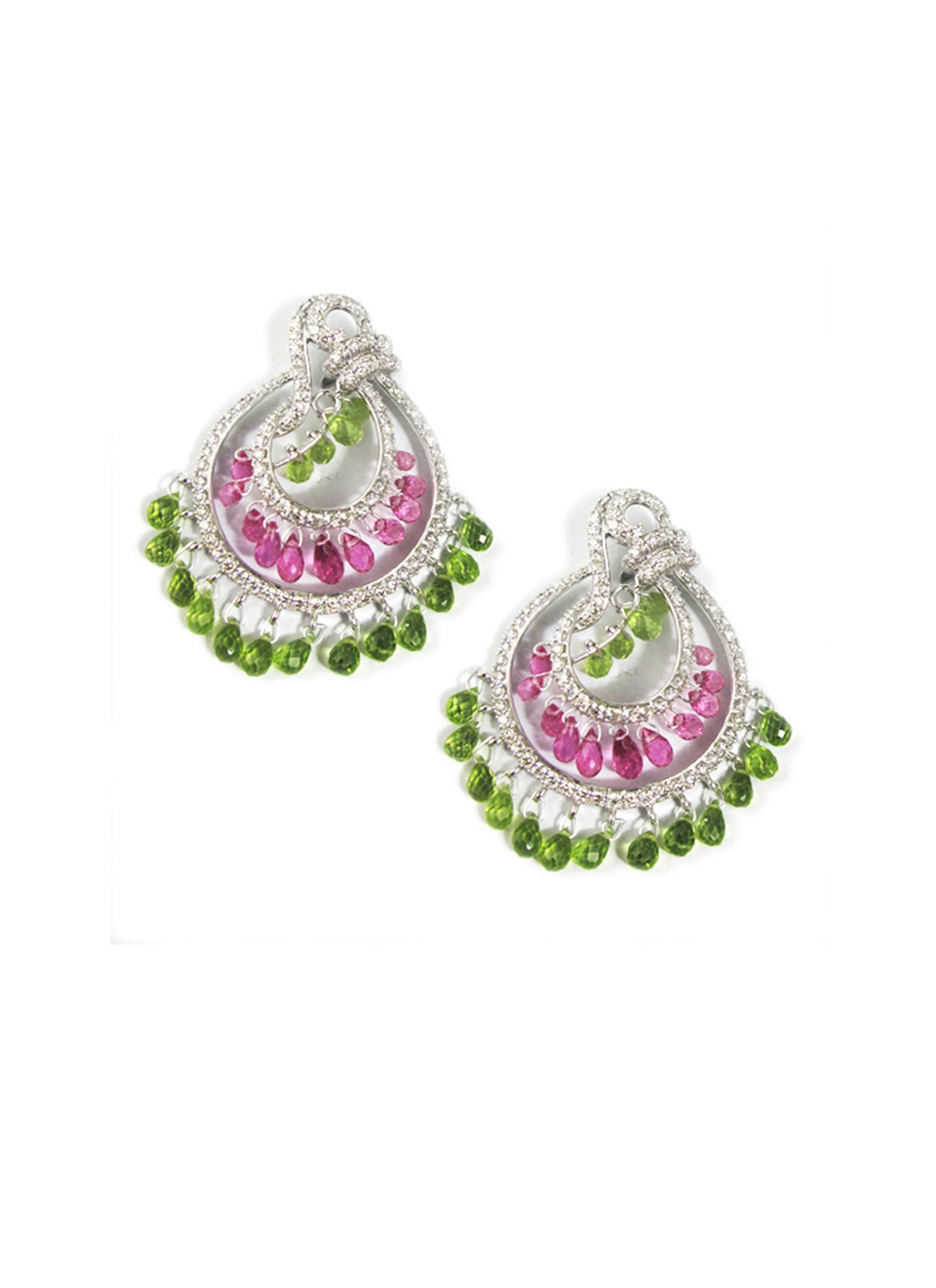 Mirari white gold earrings featuring peridot, rubellite and tourmaline drops.