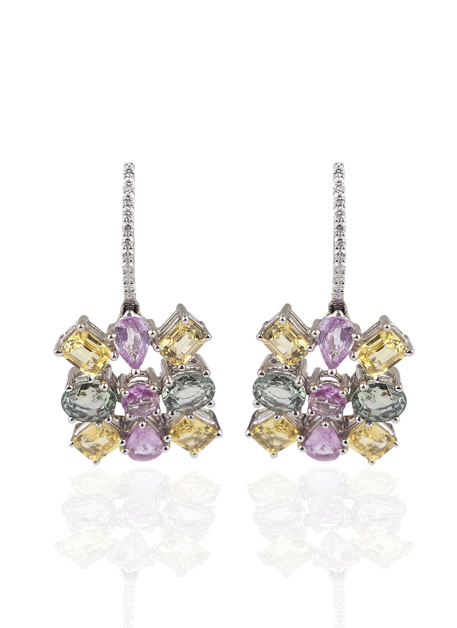 Mirari white gold Water fall earrings featuring pear and marquise cut multi-coloured sapphires and round white diamonds.