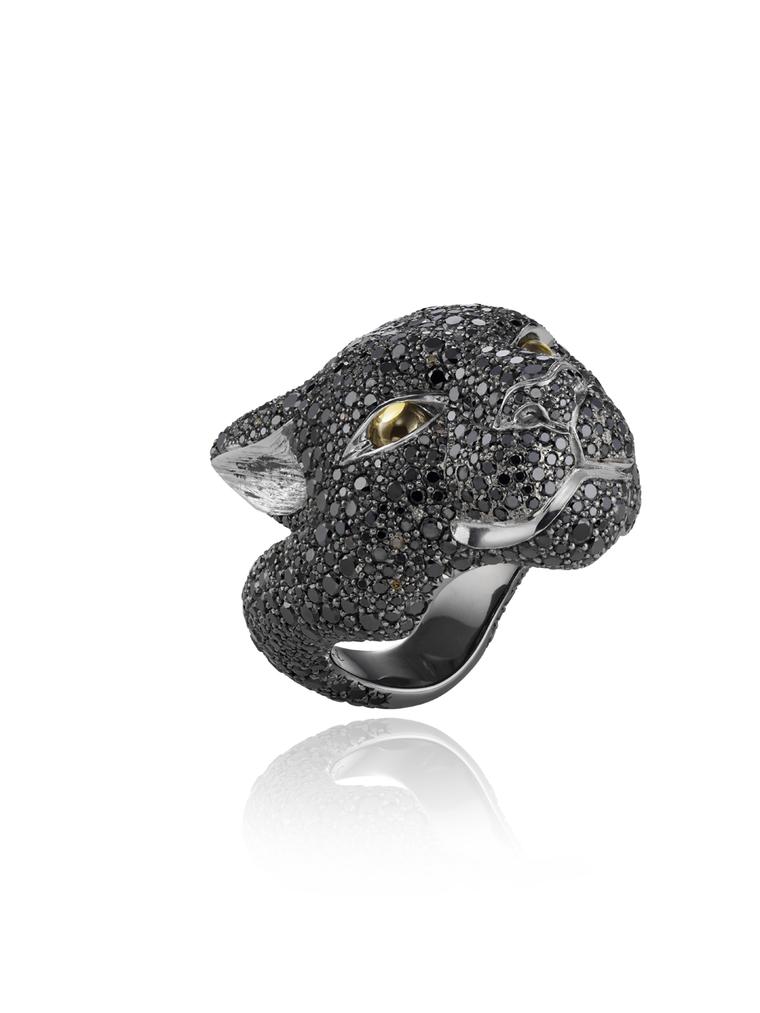 Harumi for Chopard Black Jaguar ring featuring a mixture of cognac and black diamonds