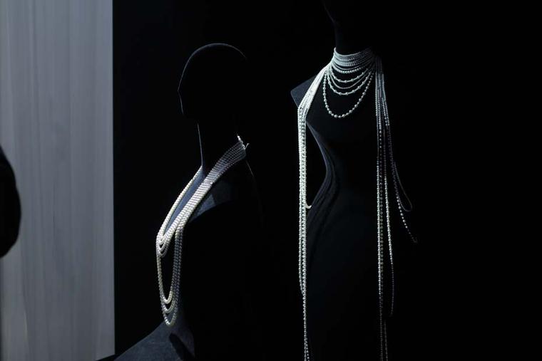 Mikimoto's Angelic Necklace drapes over the entire body in an elegant silhouette of pearls and diamonds