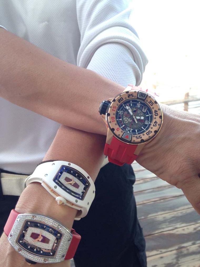 Beatrice Giusti of Richard Mille transports the watches on board before the start of the regatta. She wears a white ceramic RM 07-01, a diamond-set version of the same model and an RM 028
