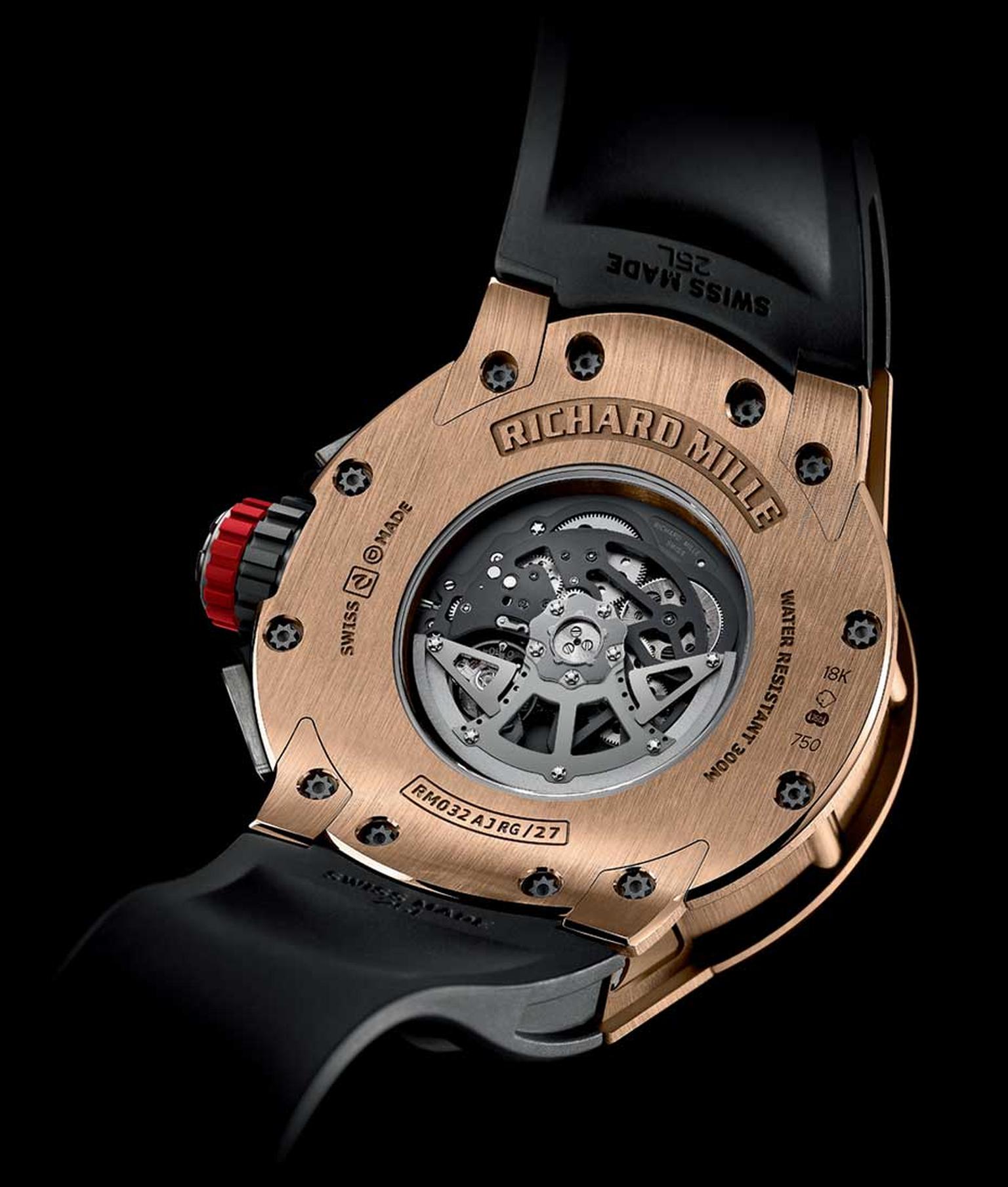 The reverse of the new Richard Mille RM 032 automatic chronograph diver's watch in red gold