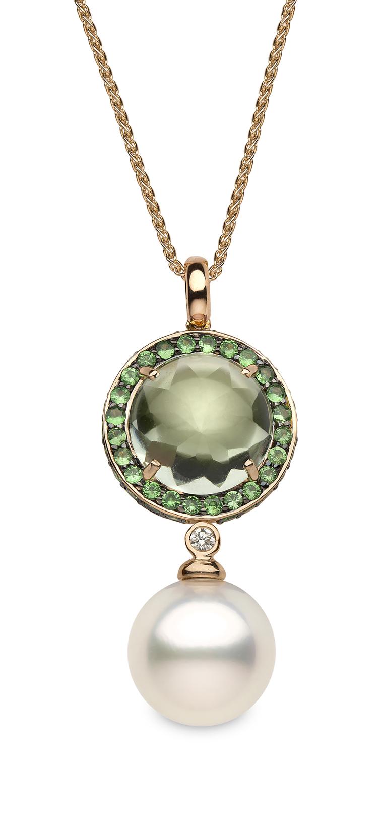 Yoko London rose gold pendant featuring a white Australian South Sea pearl, green amethysts, a central tsavorite and diamonds