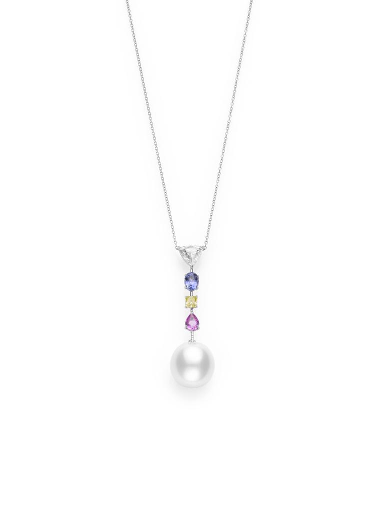Mikimoto Color Prestige collection necklace featuring a sapphire, yellow diamond and pink spinel leading to a single South Sea cultured pearl