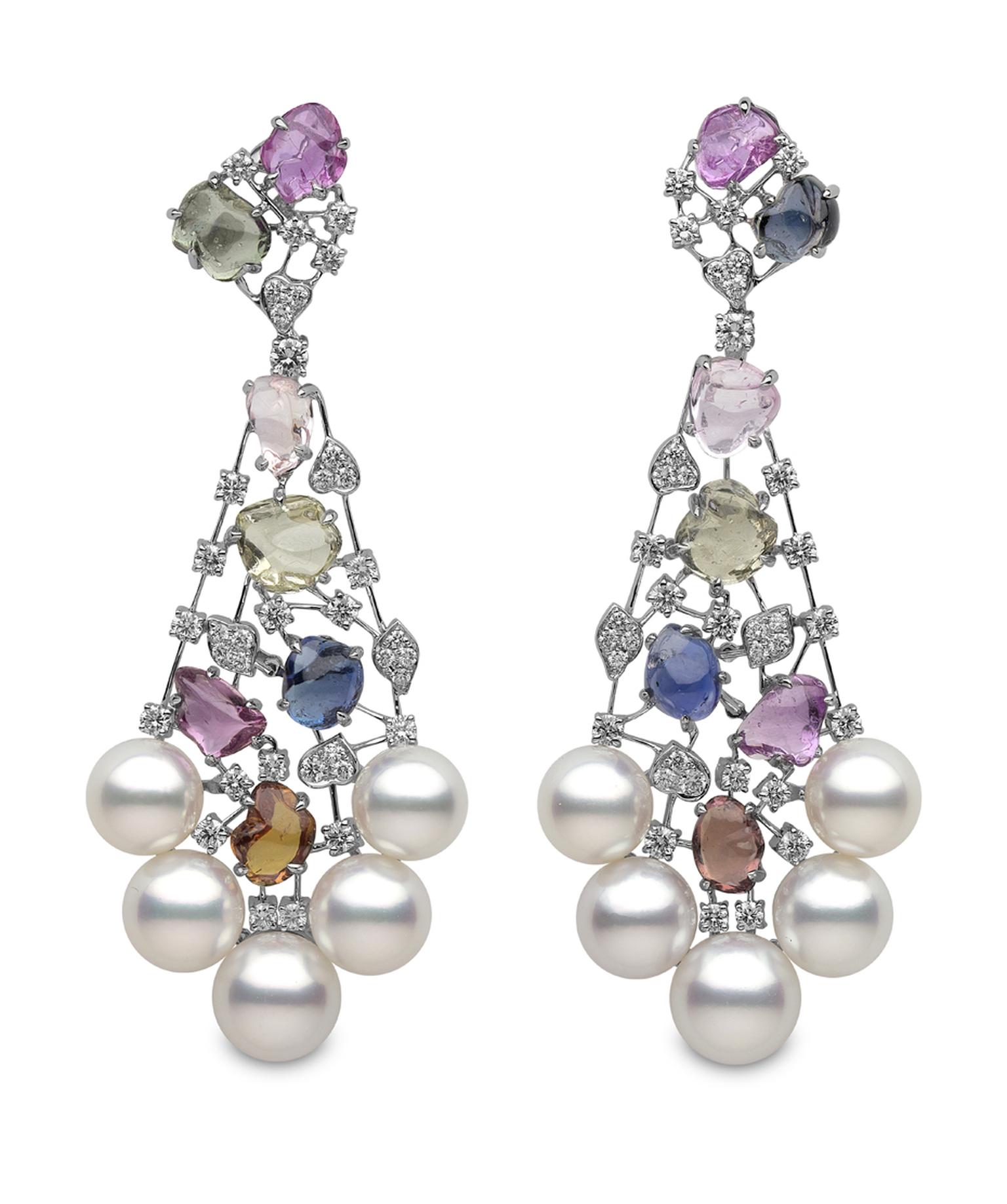 Yoko London white gold Aurora earrings from the Masterpiece collection, featuring Australian South Sea pearls, multi-coloured sapphires and diamonds