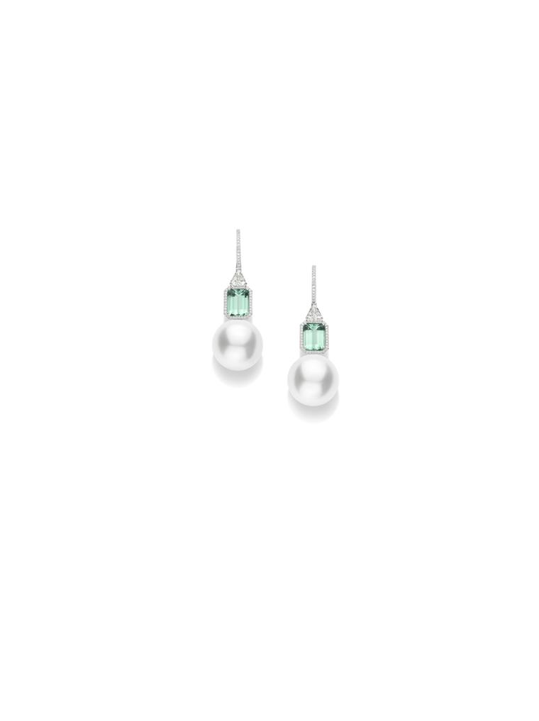 Mikimoto Color Prestige collection earrings featuring pave diamonds that lead to a mint tourmaline seated above a pearl.