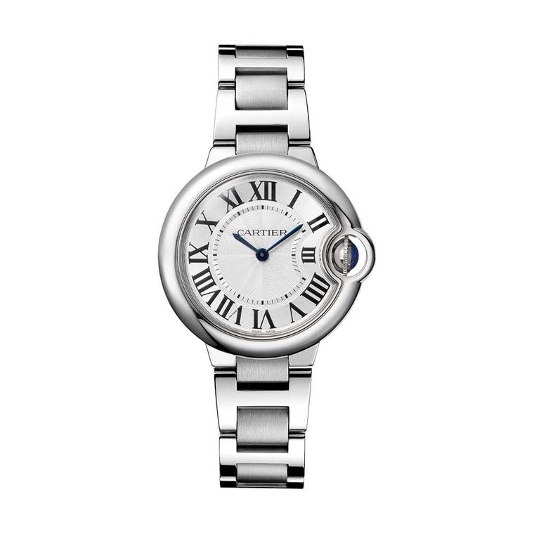 Cartier Ballon Bleu watch in stainless steel featuring a sapphire cabochon winding mechanism and guilloché dial (£3,300)