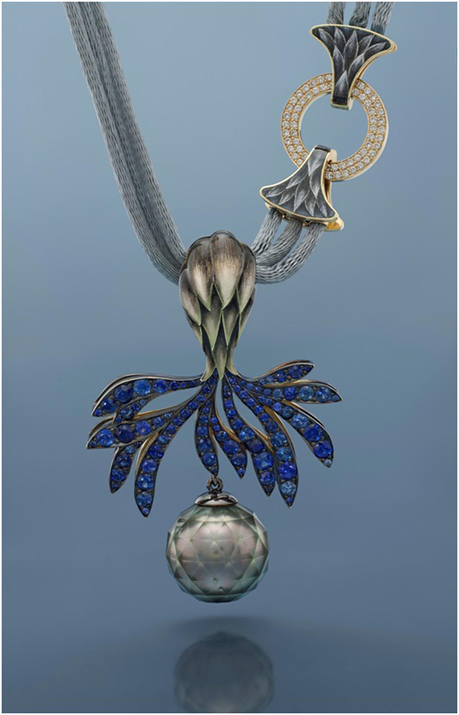 Ilgiz F "Thistle" necklace with plique-à-jour enamelling, sapphires, diamonds and a faceted pearl