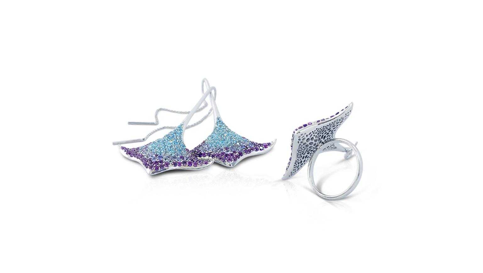 Phioro jewellery Aquaray earrings and ring with topaz, tanzanite and amethyst in white gold.