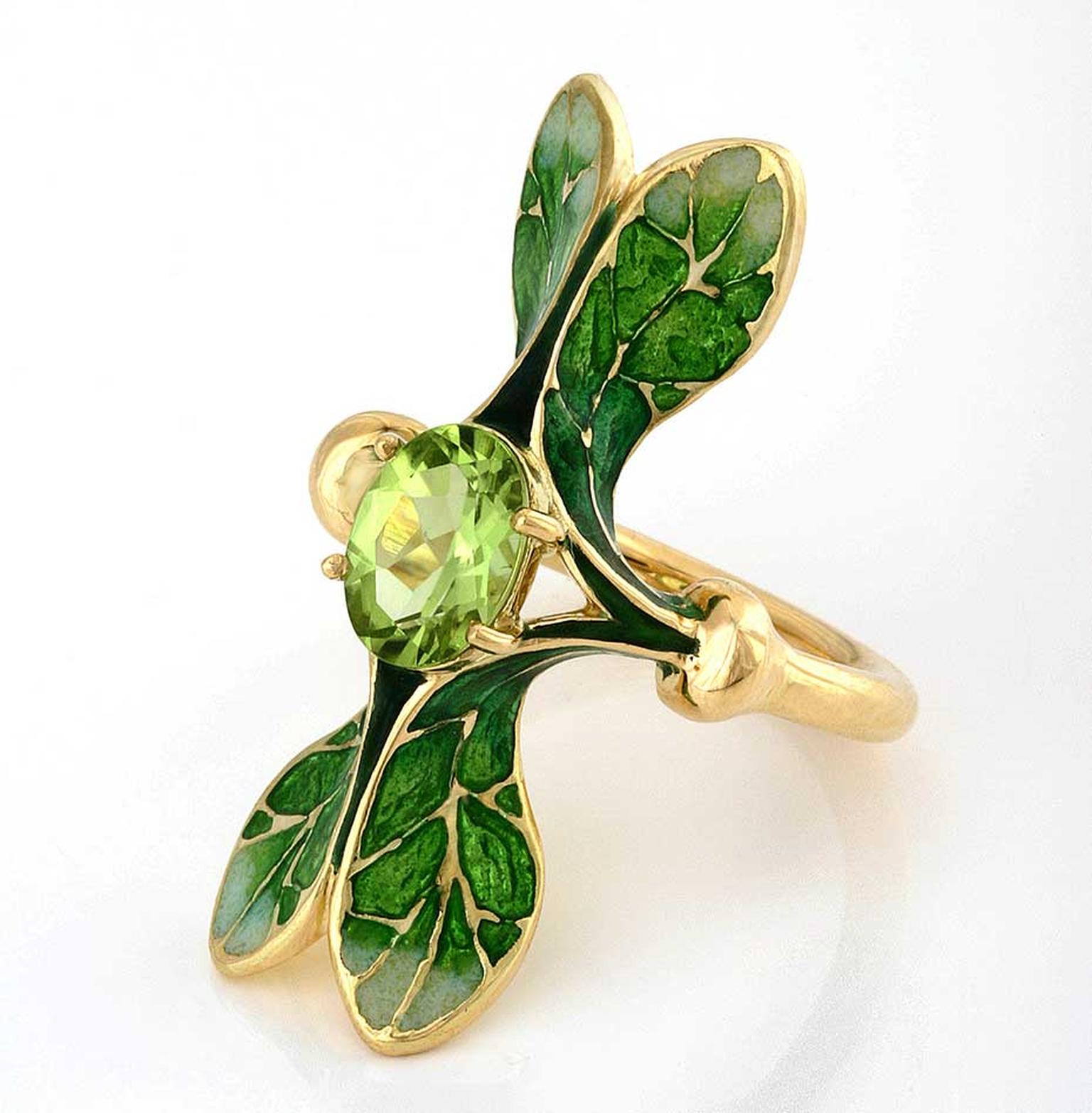 Ilgiz F "Lalique" ring with grand feu enamelling, set with a peridot