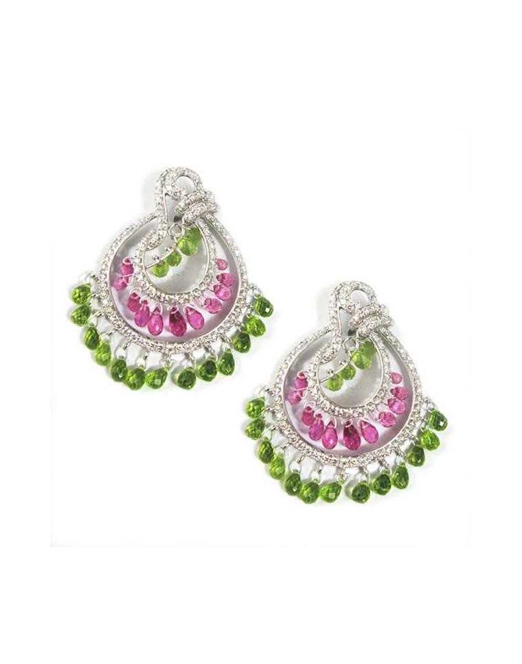 Mirari white gold earrings with peridot, rubellite and tourmaline drops.